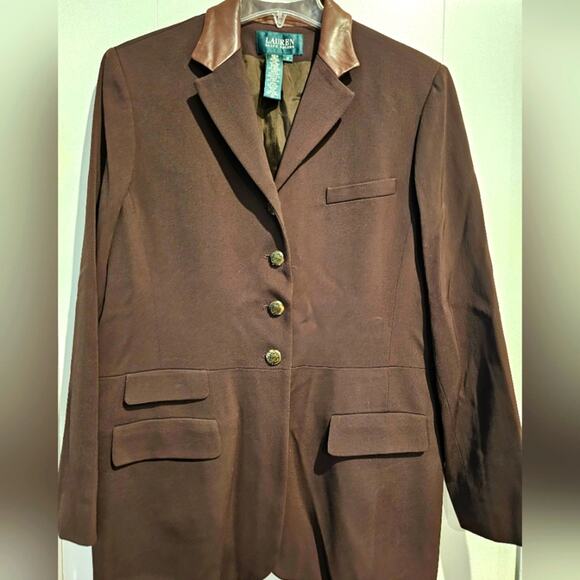 VTG Ralph Lauren Blazer equestrian horse buttons Leather Trimmed Collar Brown 16 - Picture 1 of 4